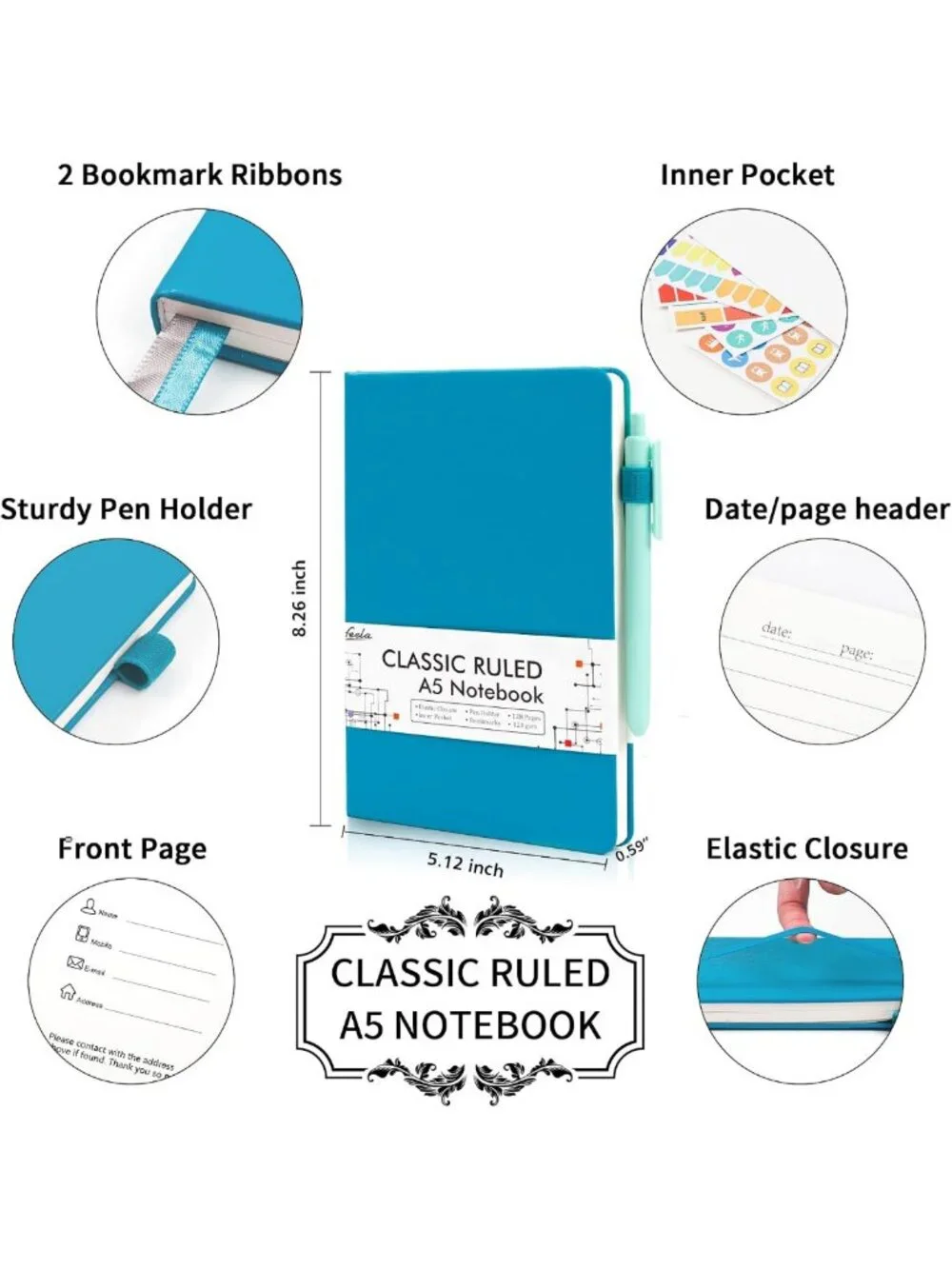 12 Pack Hardcover Notebooks & Journals Set with Pens - Classic Ruled A5, Teal